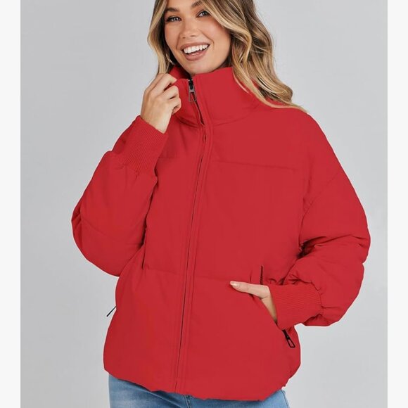 MEROKEETY Women's Winter Long Sleeve Zip Puffer Down Coat in Red Size Small - Picture 10 of 11
